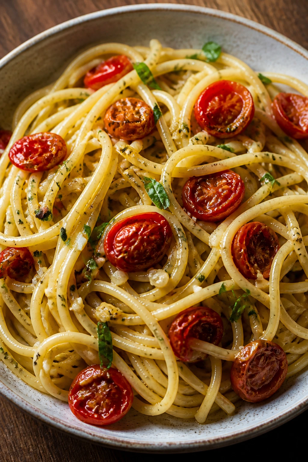 Close-up of garlic olive oil pasta with roasted cherry tomatoes