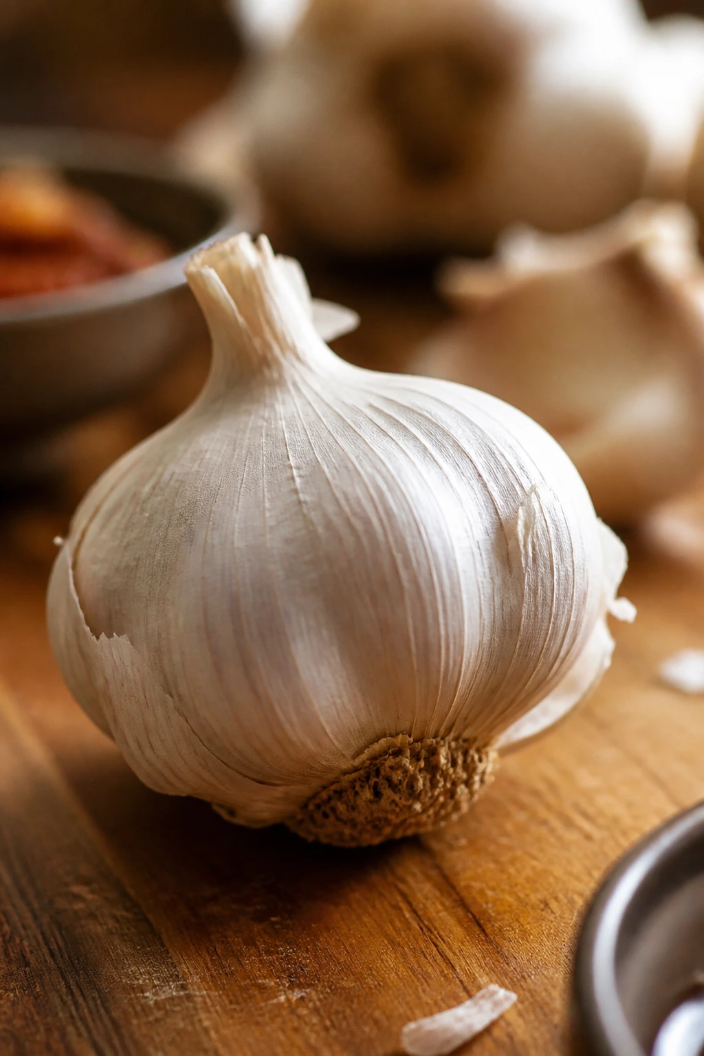 Garlic bulb on wooden board ready for cooking.