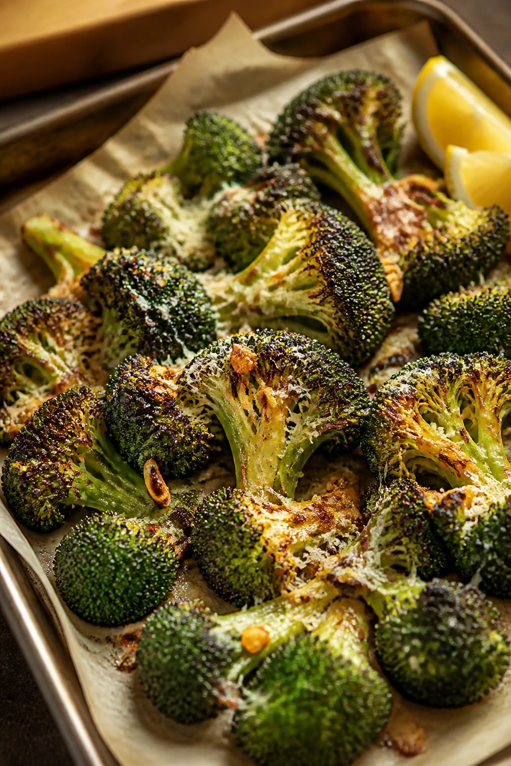 Close-up of browned broccoli florets with garlic and Parmesan on parchment