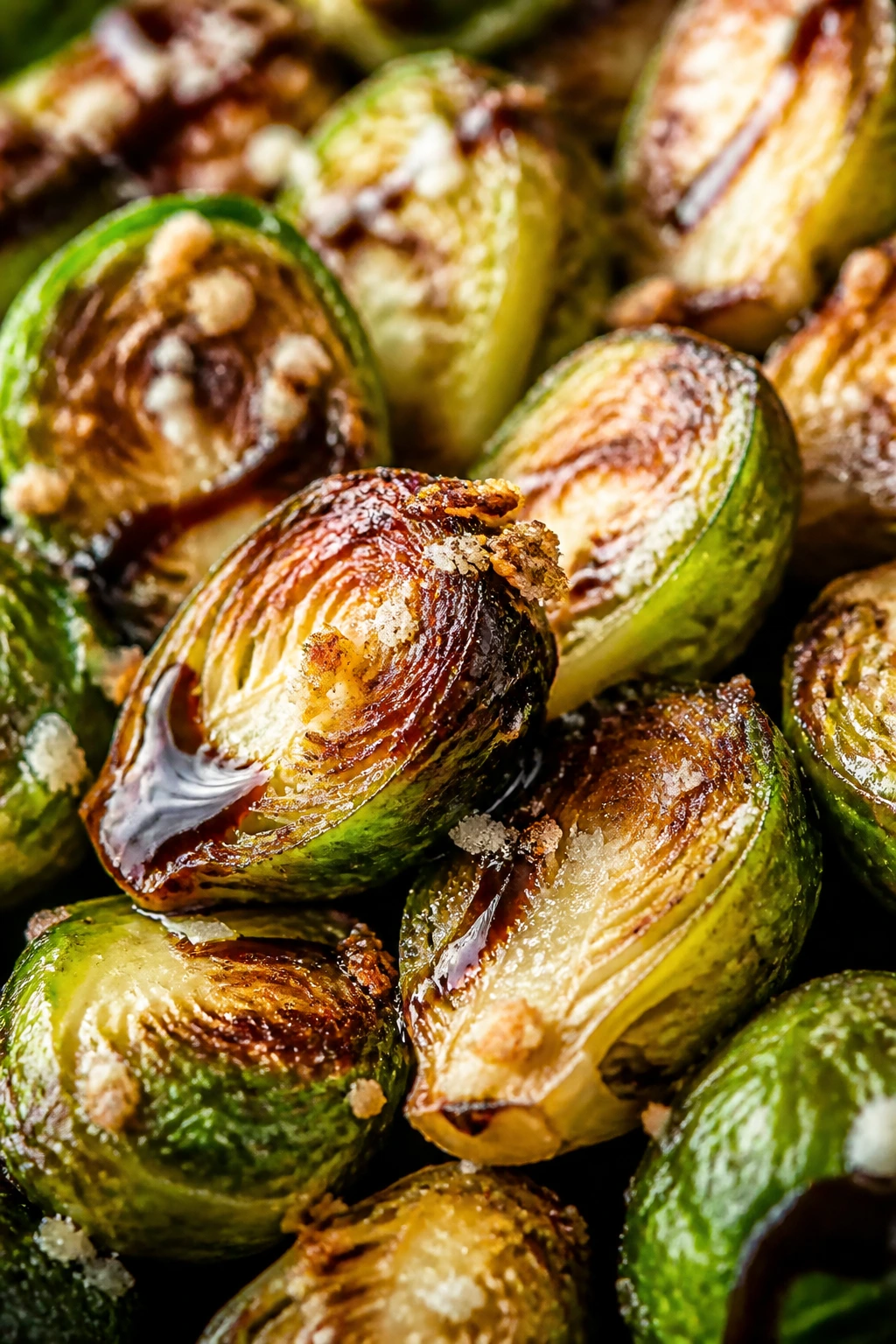 Close-up of halved Brussels sprouts with parmesan crust on a plate
