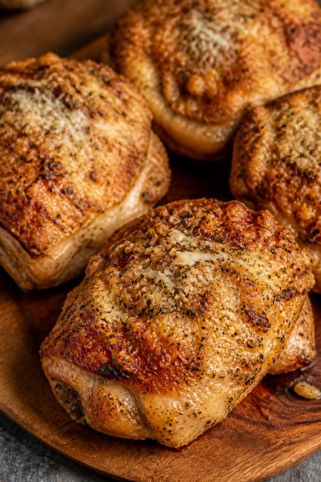 Bronzed garlic parmesan chicken thighs on a rustic board, close-up.