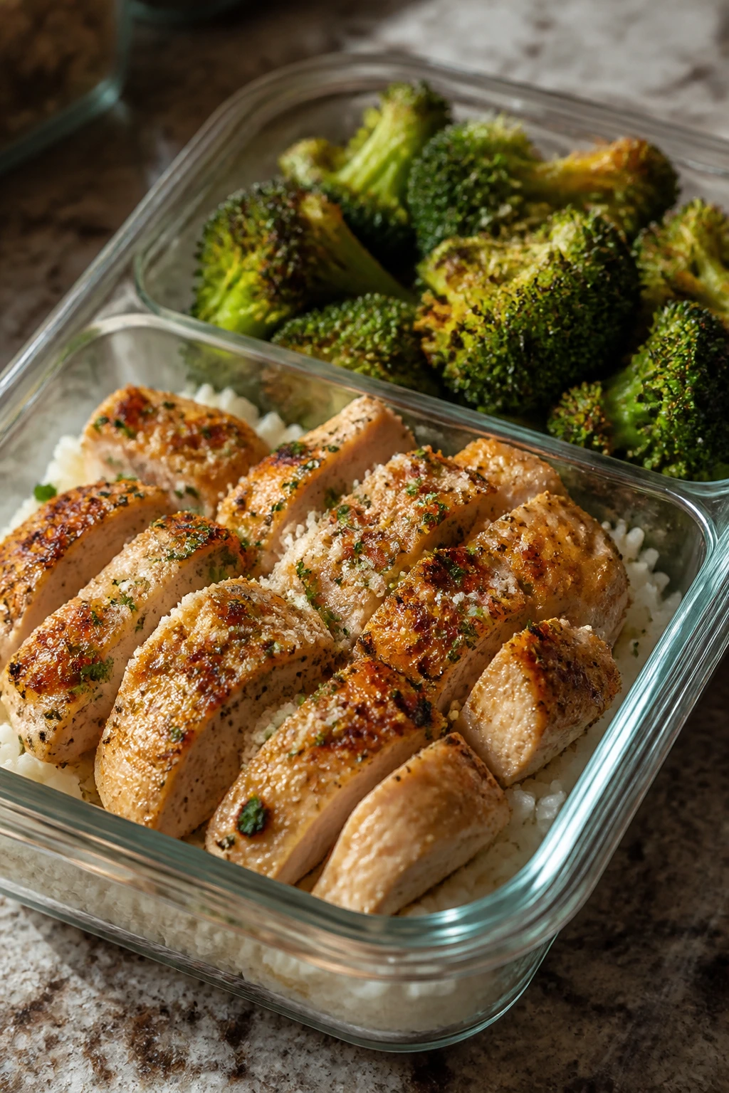 Open meal-prep box showing garlic Parmesan chicken and broccoli with rice