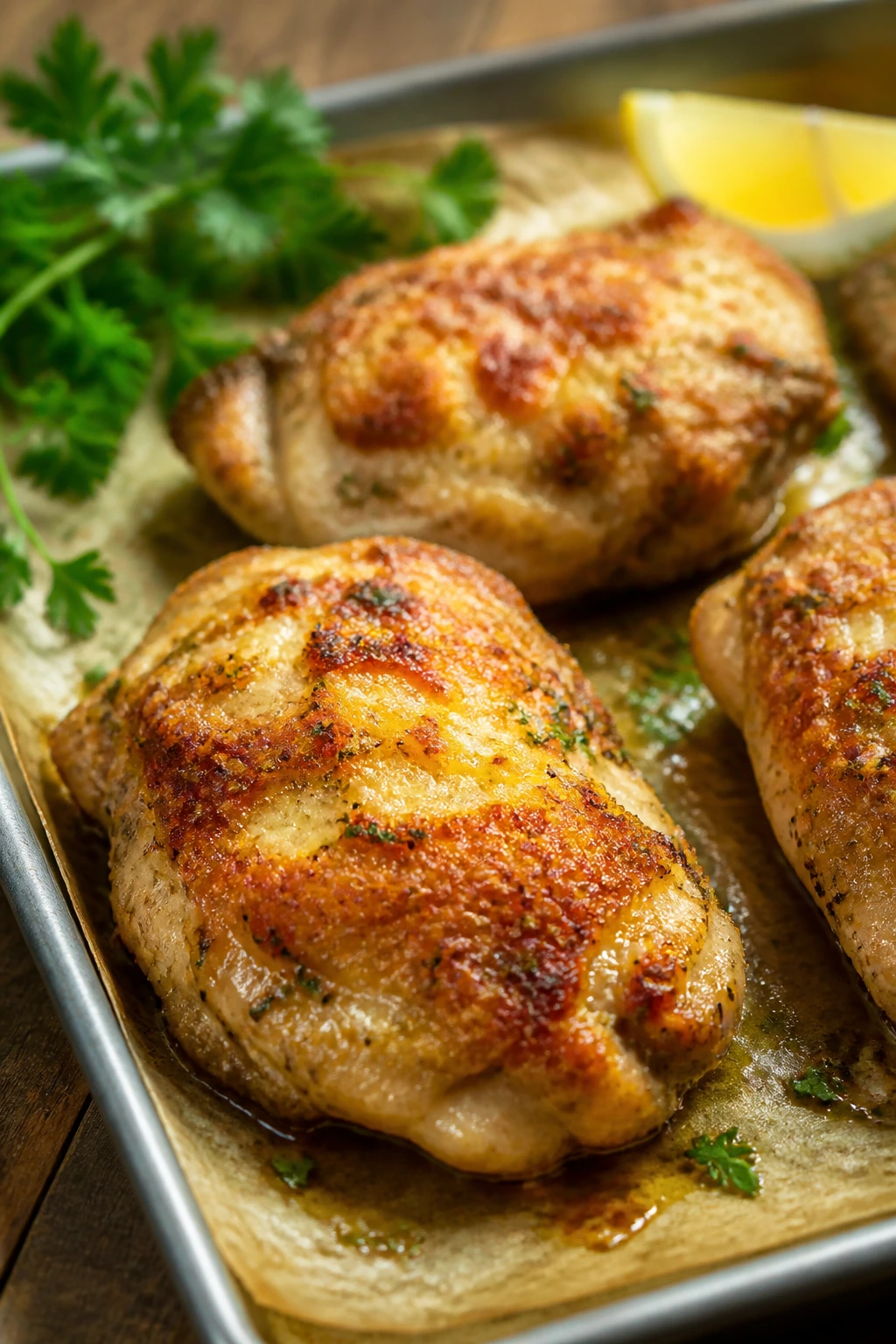 Close-up of crispy garlic parmesan chicken thighs on parchment-lined sheet