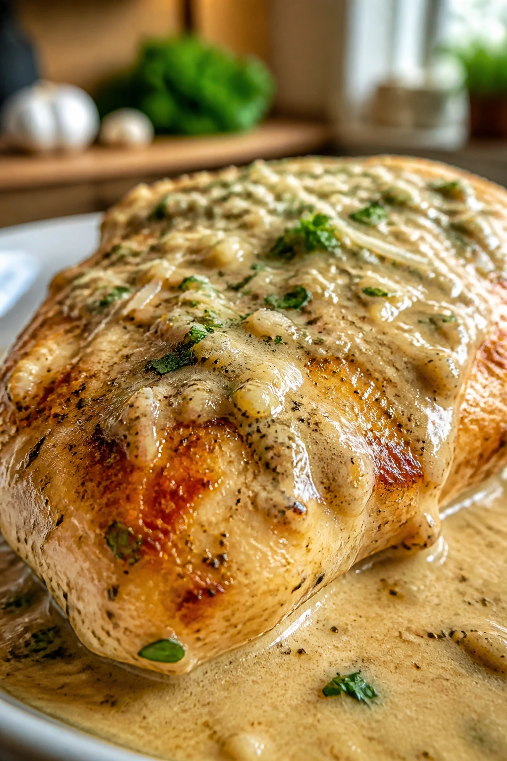 Close-up of garlic parmesan chicken breast with creamy sauce in a warm kitchen