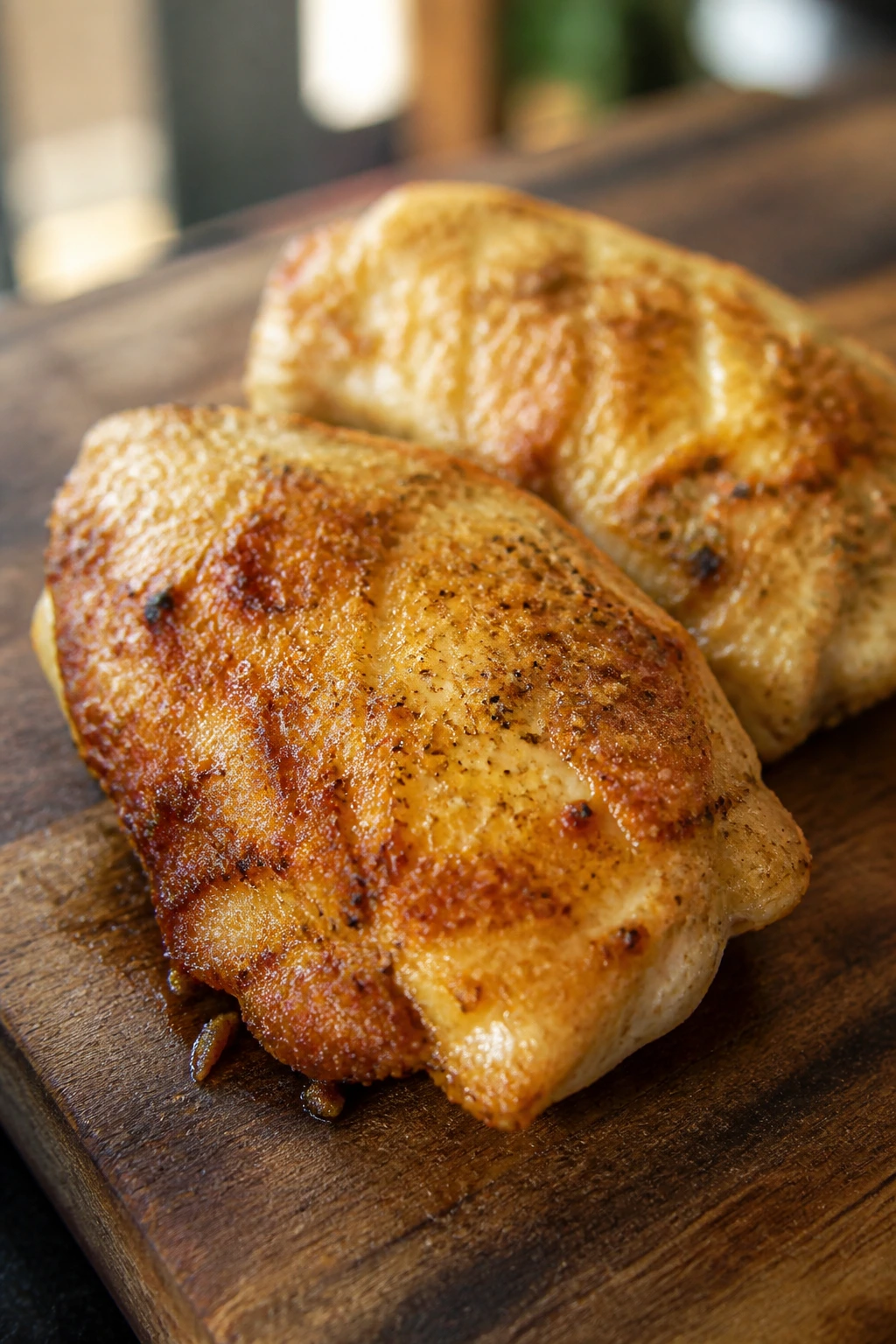 Close-up of garlic parmesan chicken thighs with crispy crust on wooden board