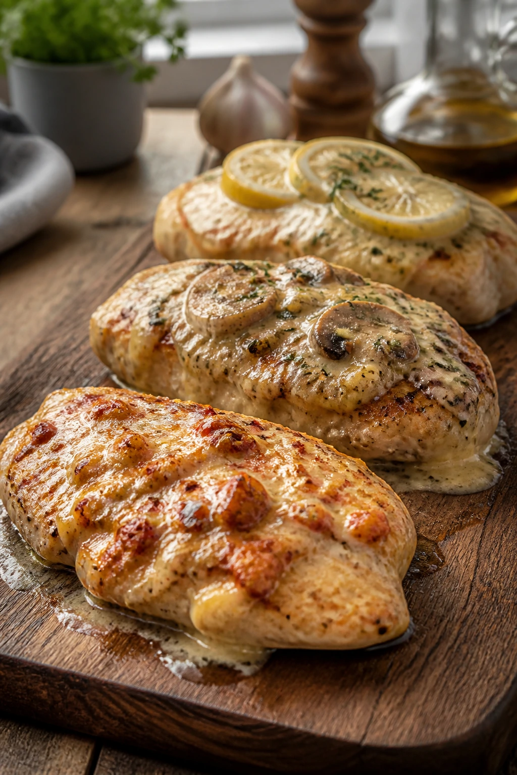 Three variations of garlic parmesan chicken on rustic board: lemon-thyme, mushroom parmesan, spicy red pepper