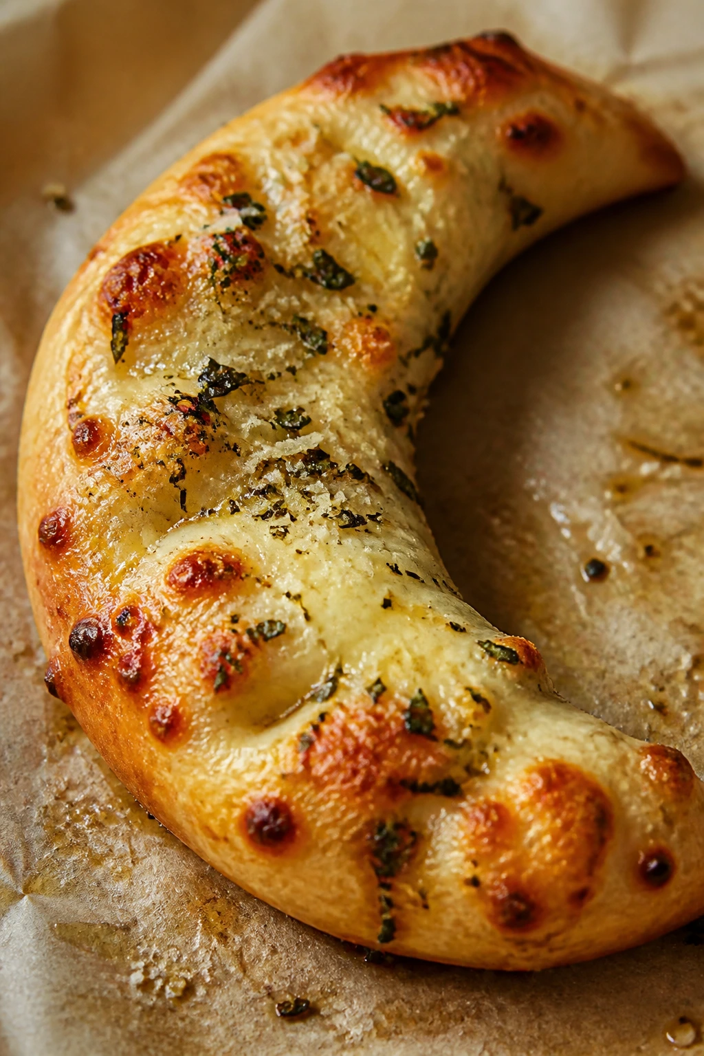 Garlic-Parmesan moon-shaped pizza piece