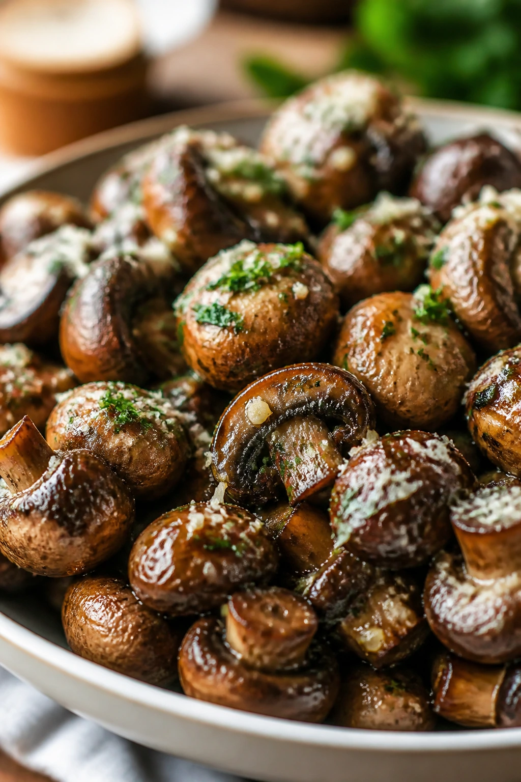 Close-up of garlic parmesan mushrooms in a shallow bowl