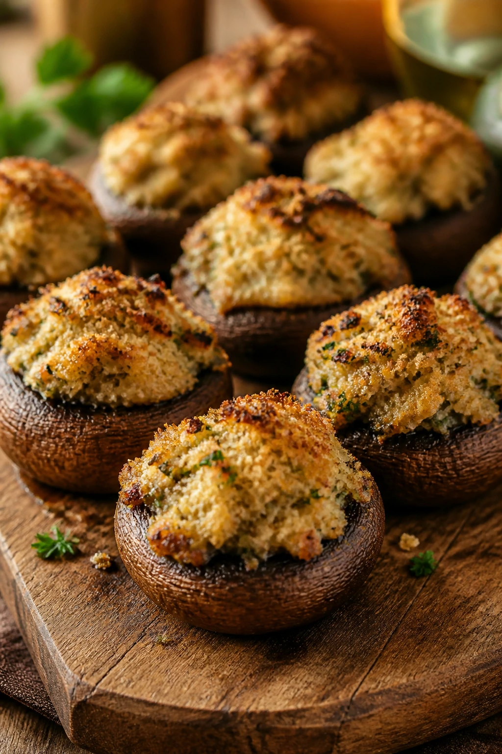 Close-up of bronzed stuffed mushrooms on a rustic board