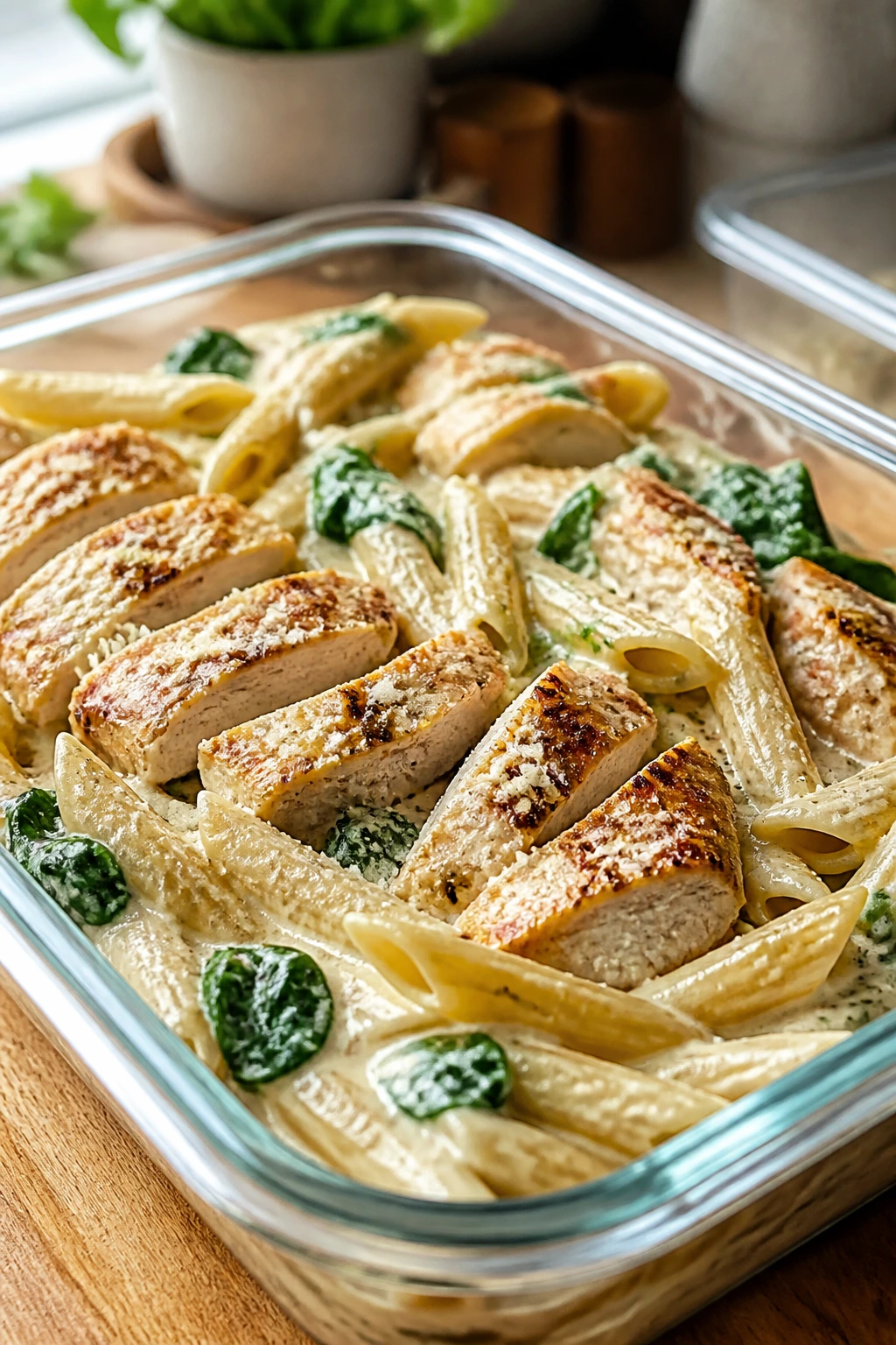 Close-up of garlic parmesan chicken pasta meal prep in a bowl on a kitchen counter