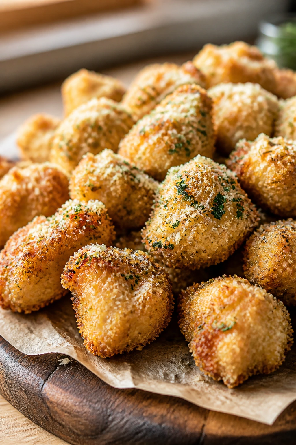 Close-up of garlic parmesan popcorn chicken bites on a wooden board