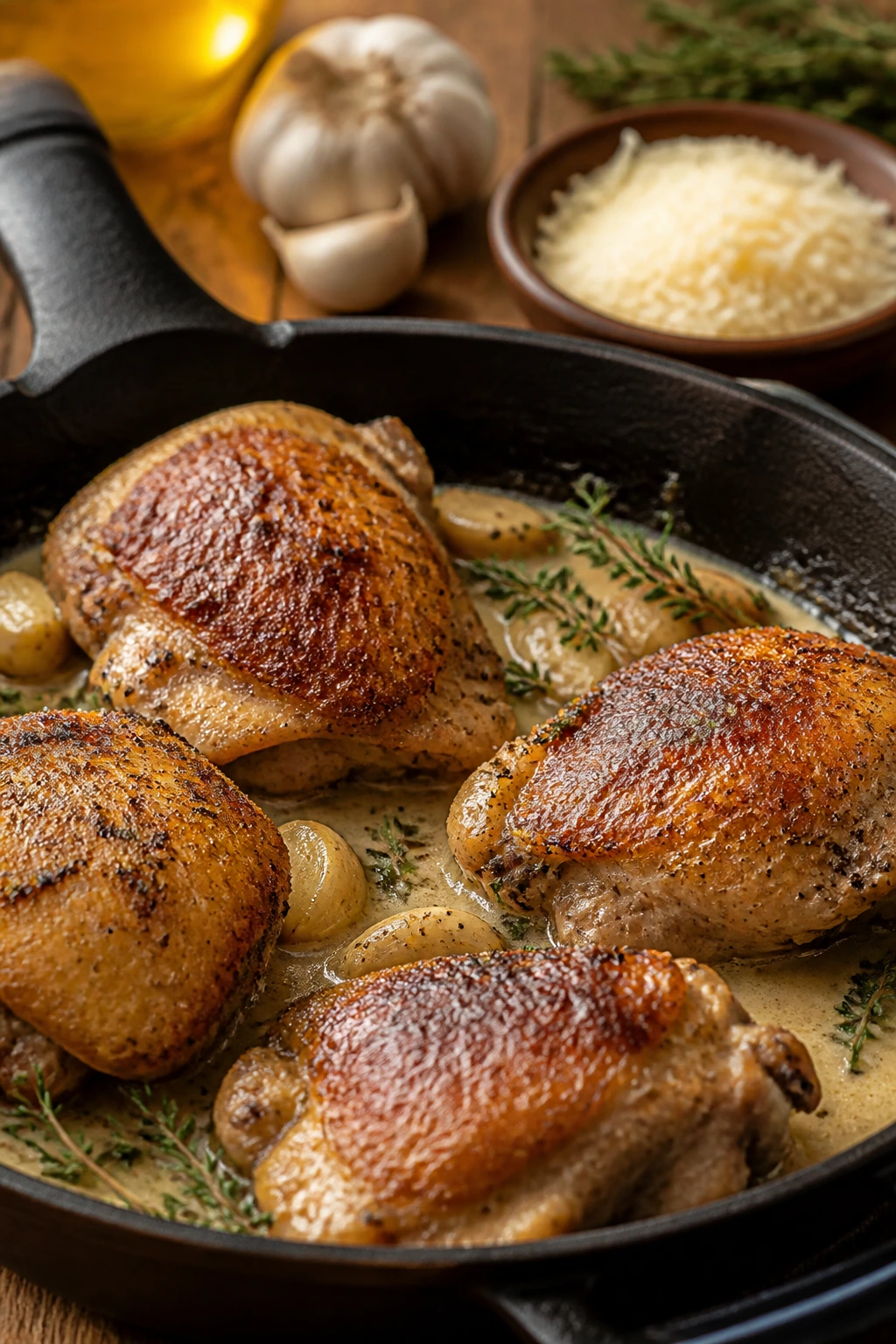 Chicken with garlic and parmesan in skillet