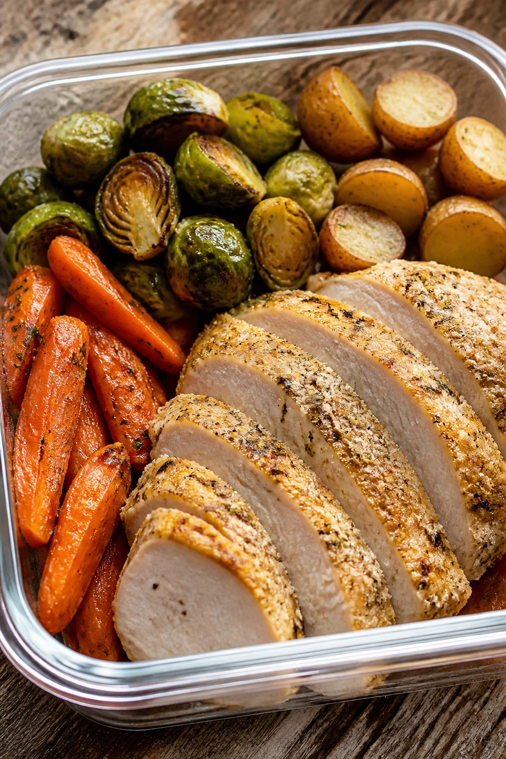 Close-up of garlic Parmesan turkey tenderloin box with vegetables