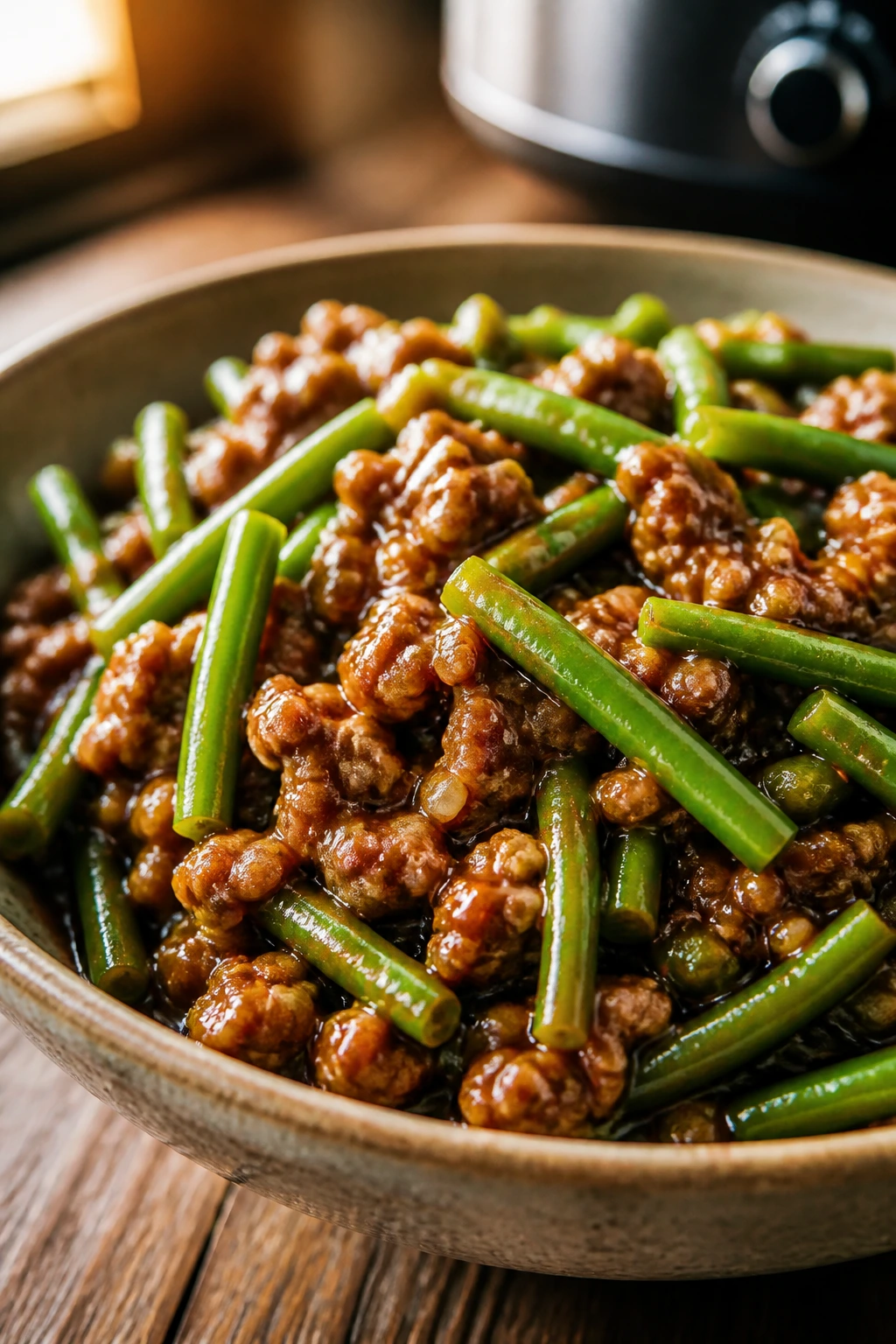 Close-up of garlic pork and green beans in glossy soy glaze