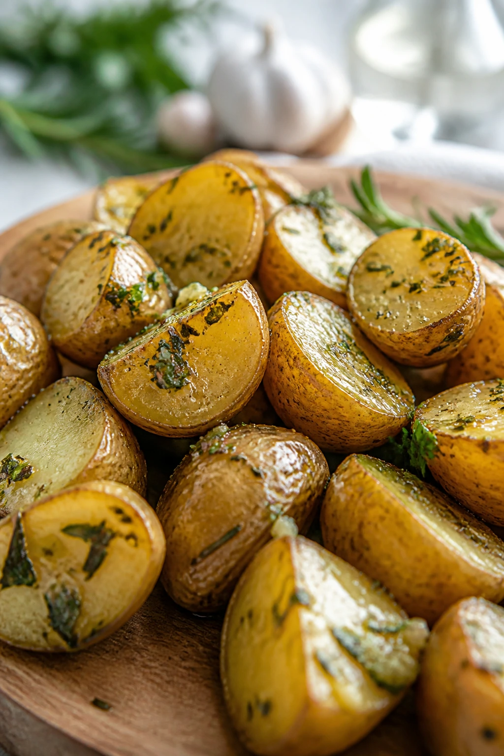 Butter garlic herb baby potatoes on a wooden cutting board