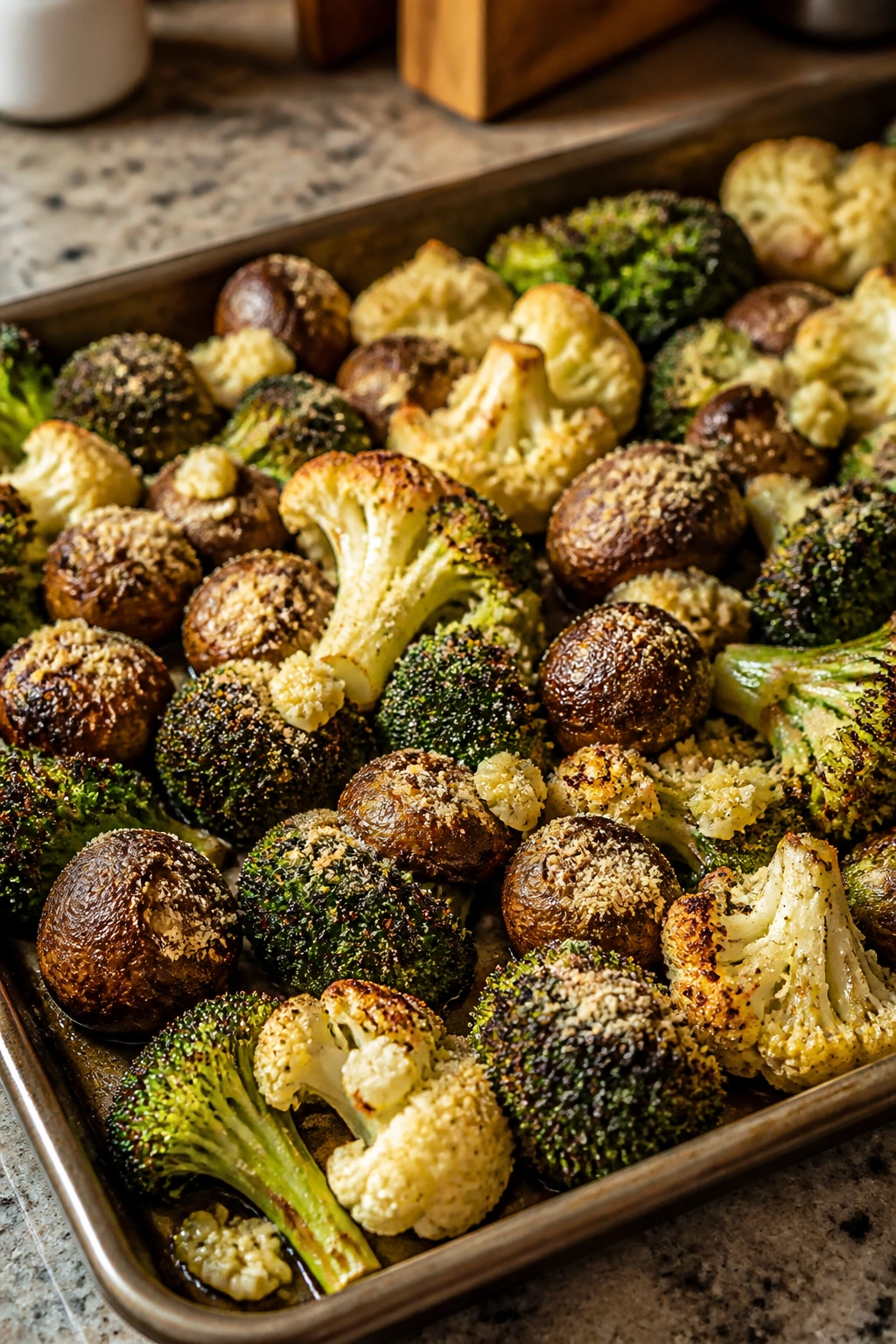 Vegetables on sheet pan with garlic powder and minced garlic visible