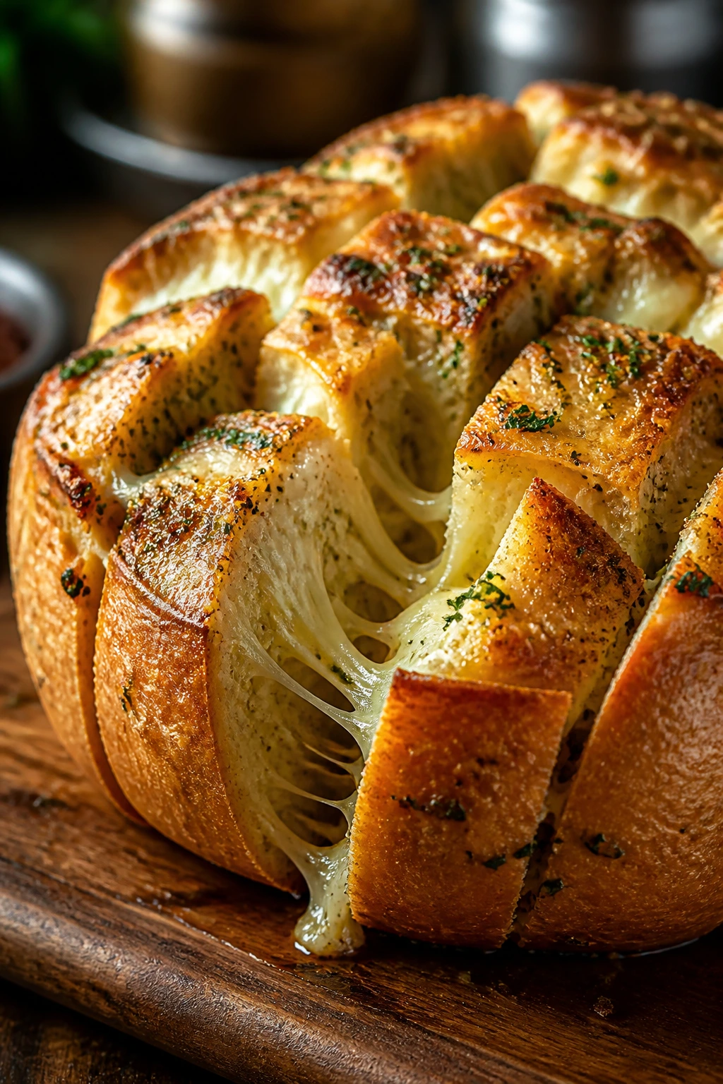 Close-up of pull-apart bread with melted mozzarella on wooden board