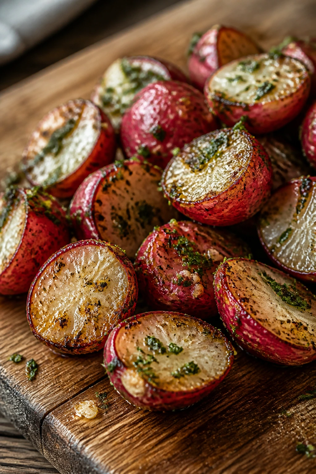 Close-up of roasted garlic-herb radishes on a wooden board