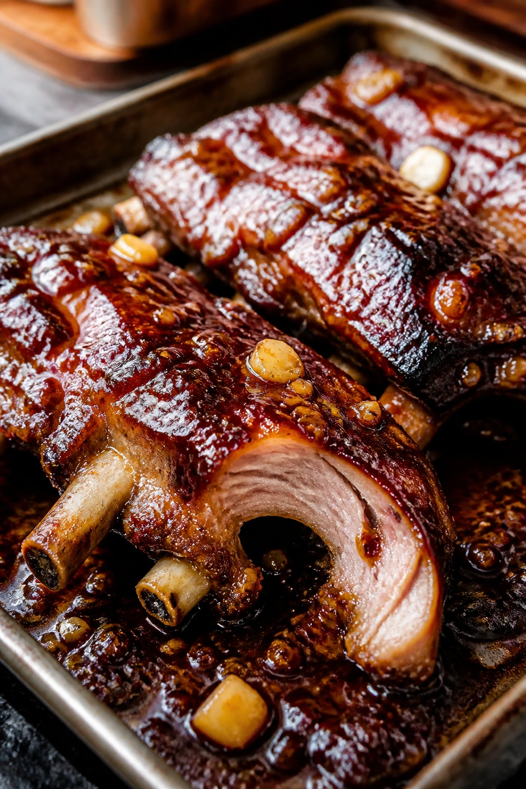 Close-up of glossy sticky garlic ribs with garlic and bone visible in a warm kitchen