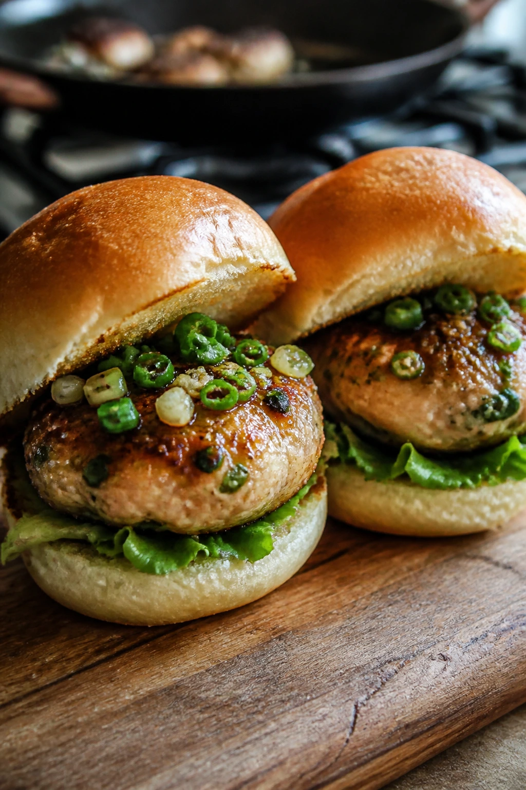 Close-up of garlic scallion chicken sliders on a wooden board in a warm kitchen.