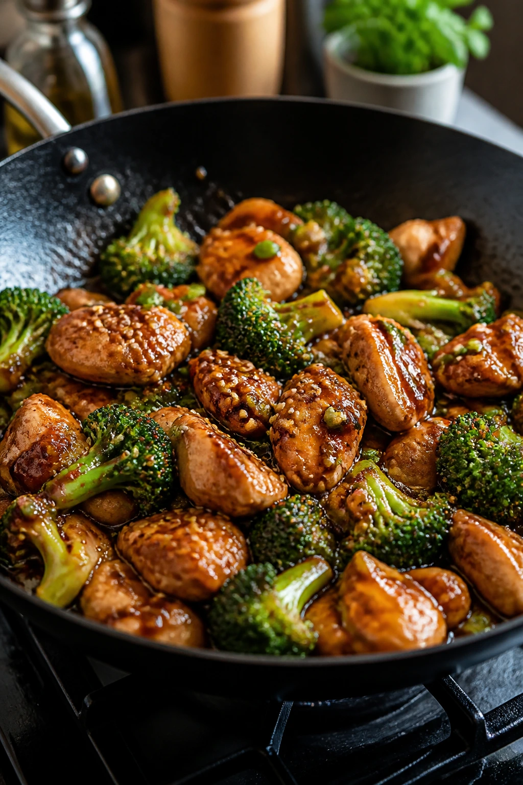 Close-up of garlic sesame chicken and broccoli in glossy sauce