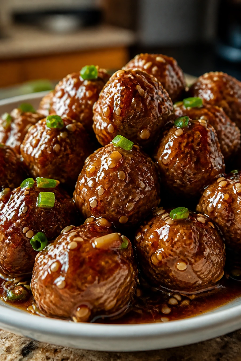 Close-up of meatballs with garlic sesame glaze