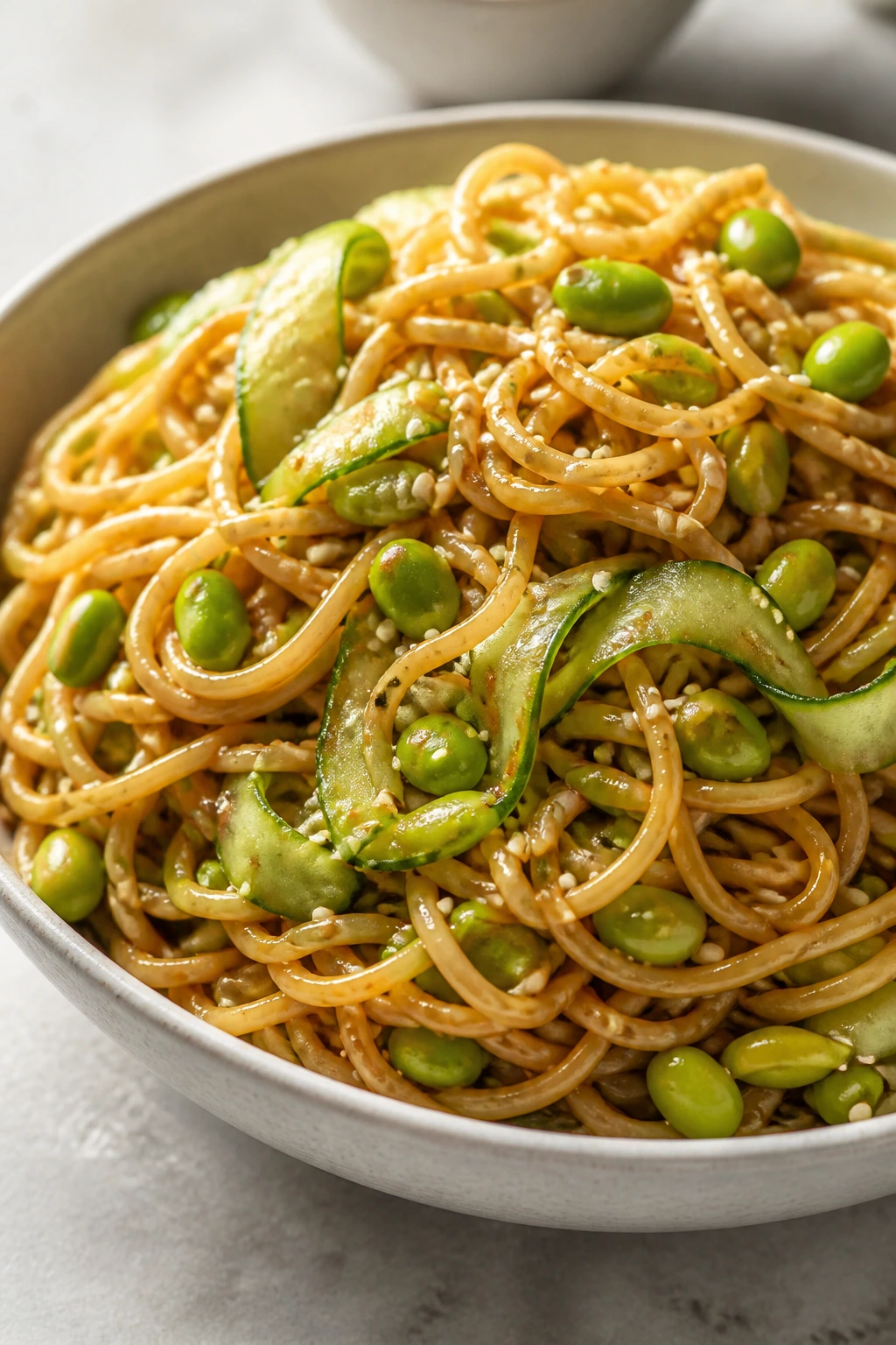 Noodles with cucumber and edamame in sesame sauce