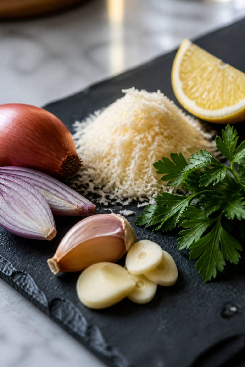 Close-up of shallot, garlic, parmesan, lemon and parsley arranged on a board
