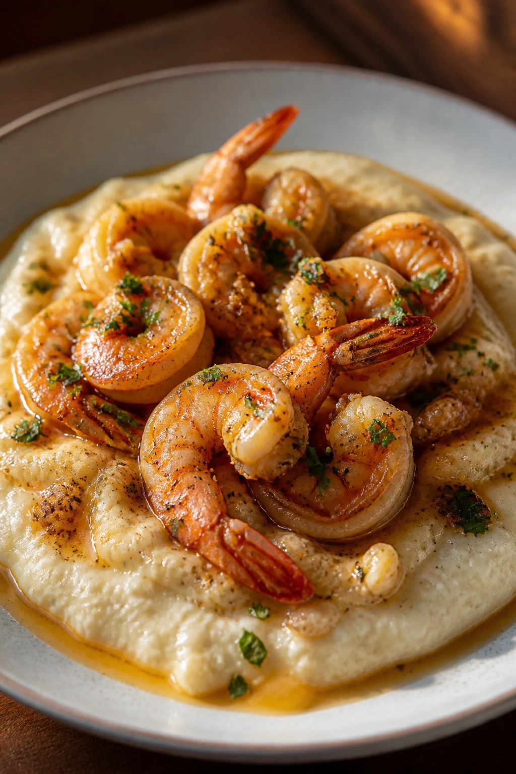 Garlic shrimp and grits on a plate in warm kitchen light