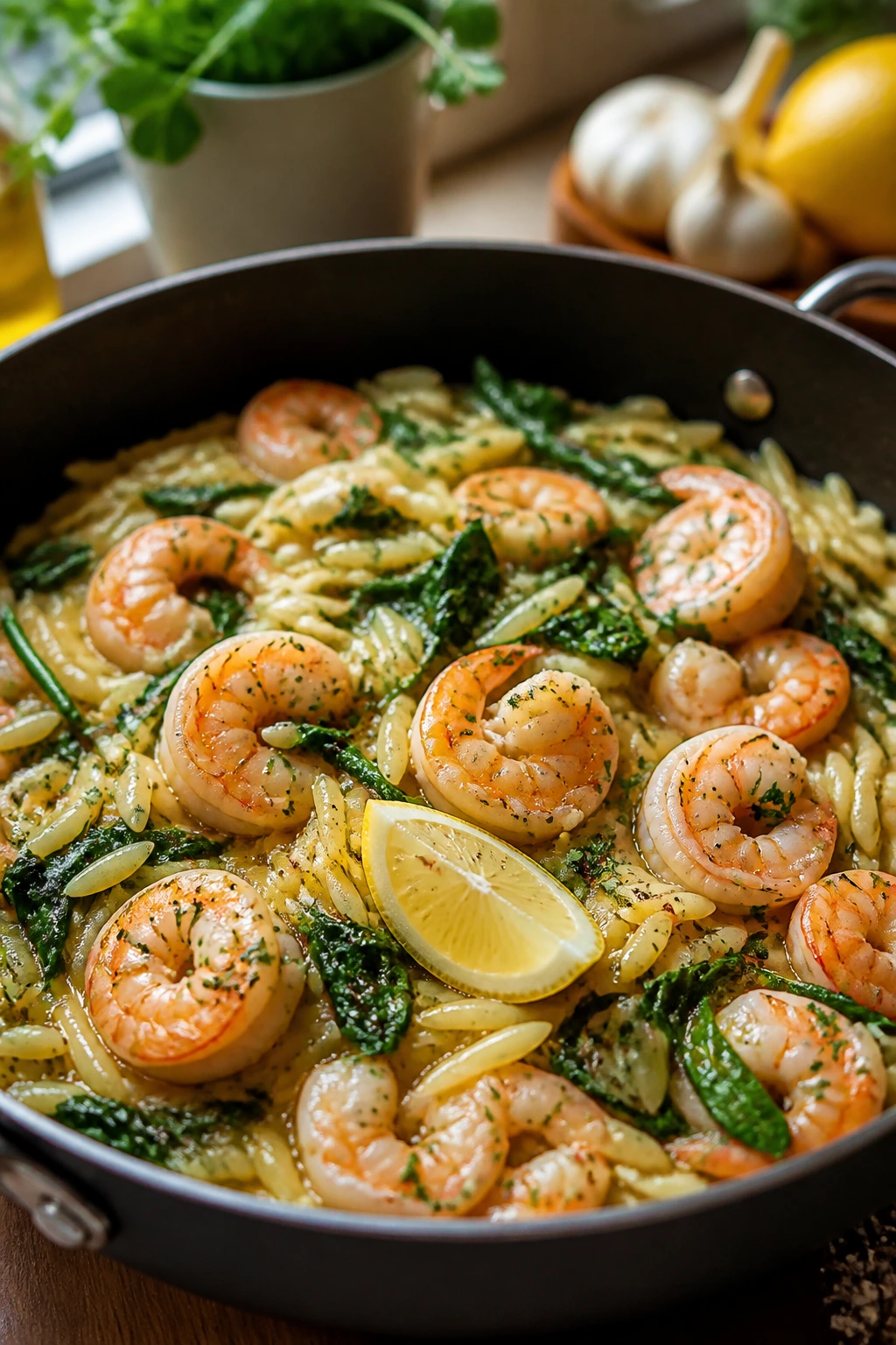 Shrimp and orzo with garlic butter and lemon in a skillet