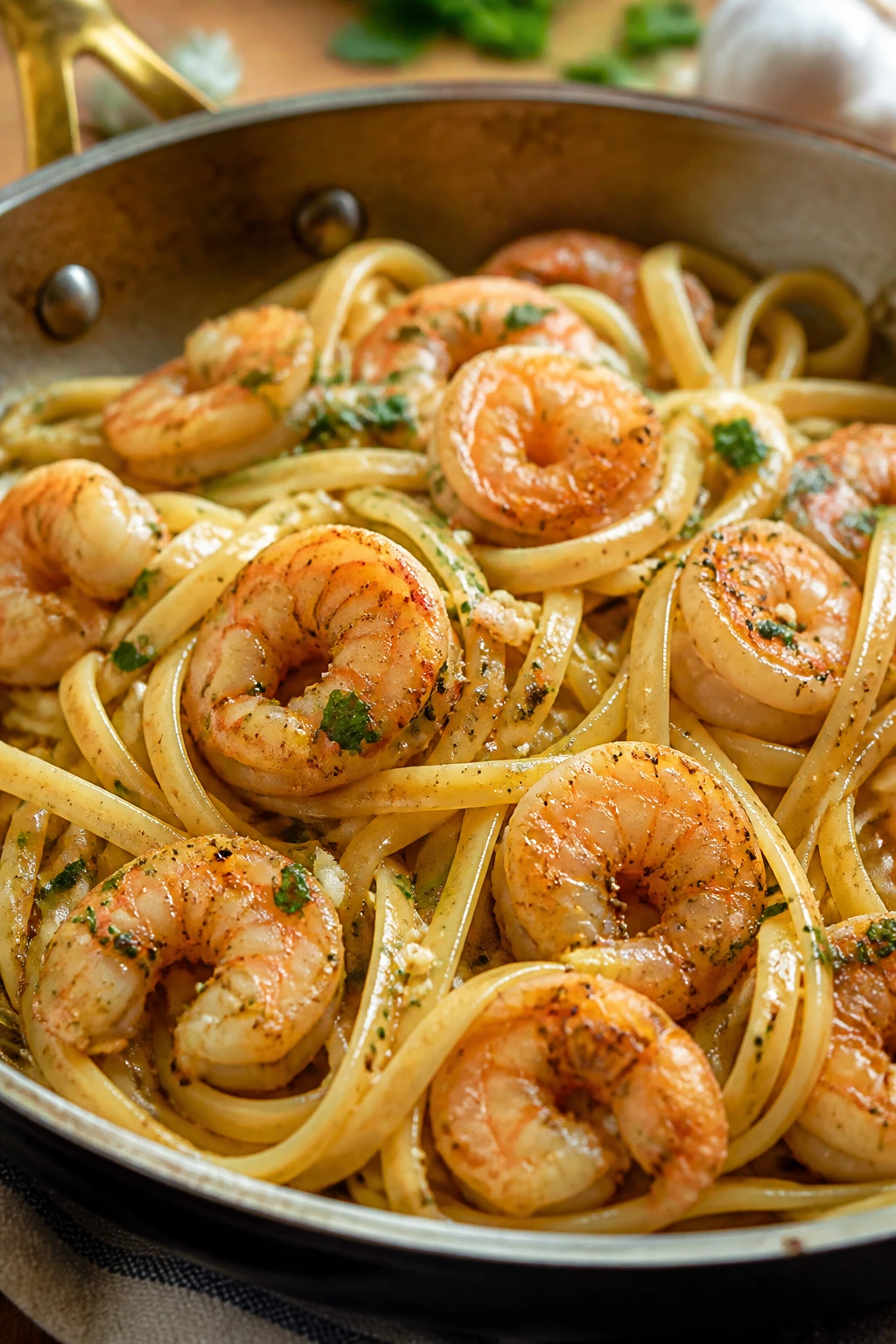 Close-up of garlic shrimp pasta in a rustic skillet