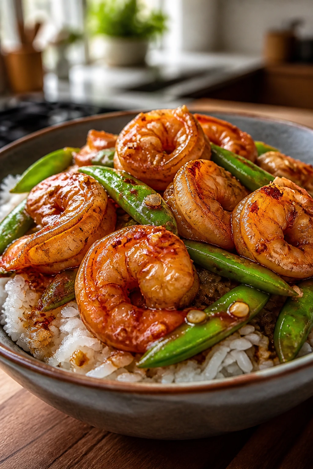 Shrimp rice bowl with garlic and chili sauce and snap peas