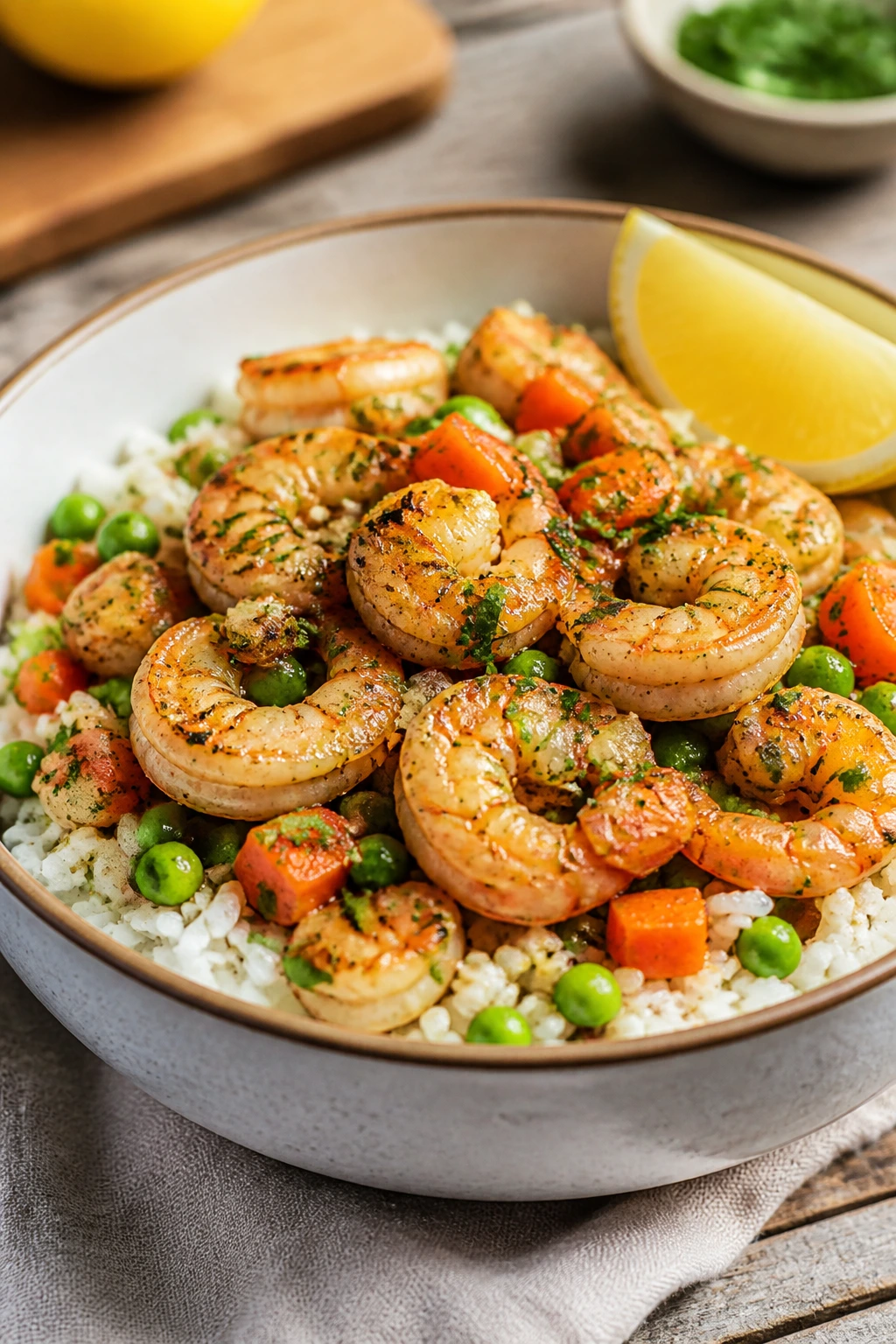 Shrimp garlic butter rice bowl with peas and carrots