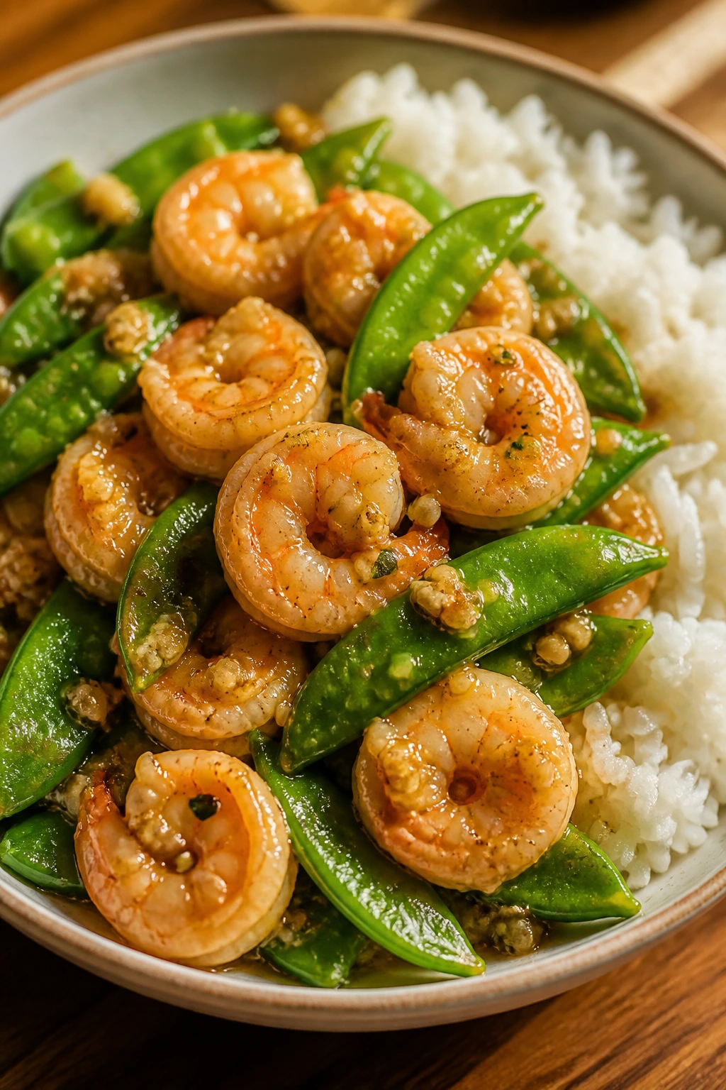 Close-up of garlic shrimp with snow peas and jasmine rice on a plate