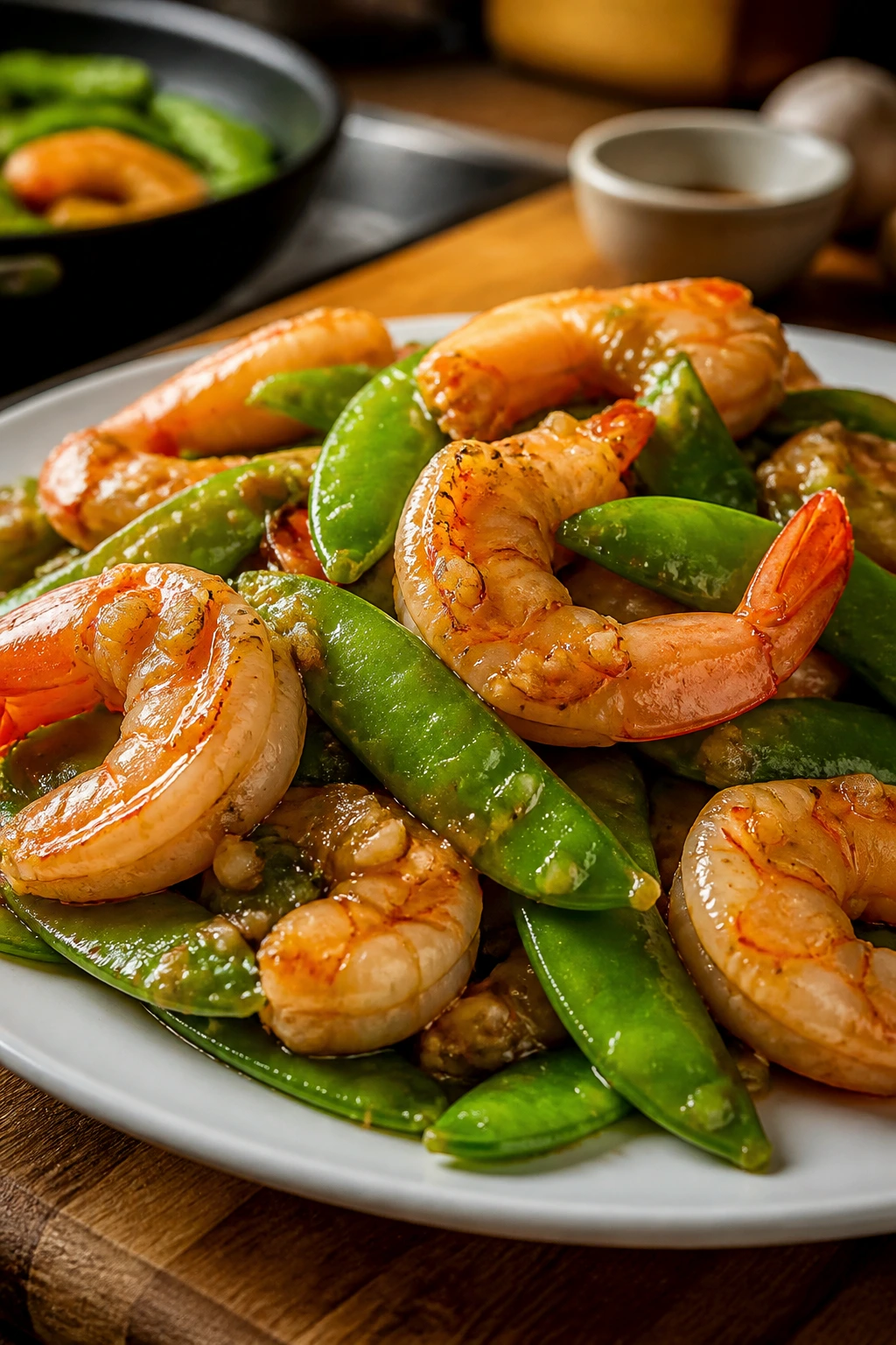 Shrimp and snow peas in glossy sauce in a skillet
