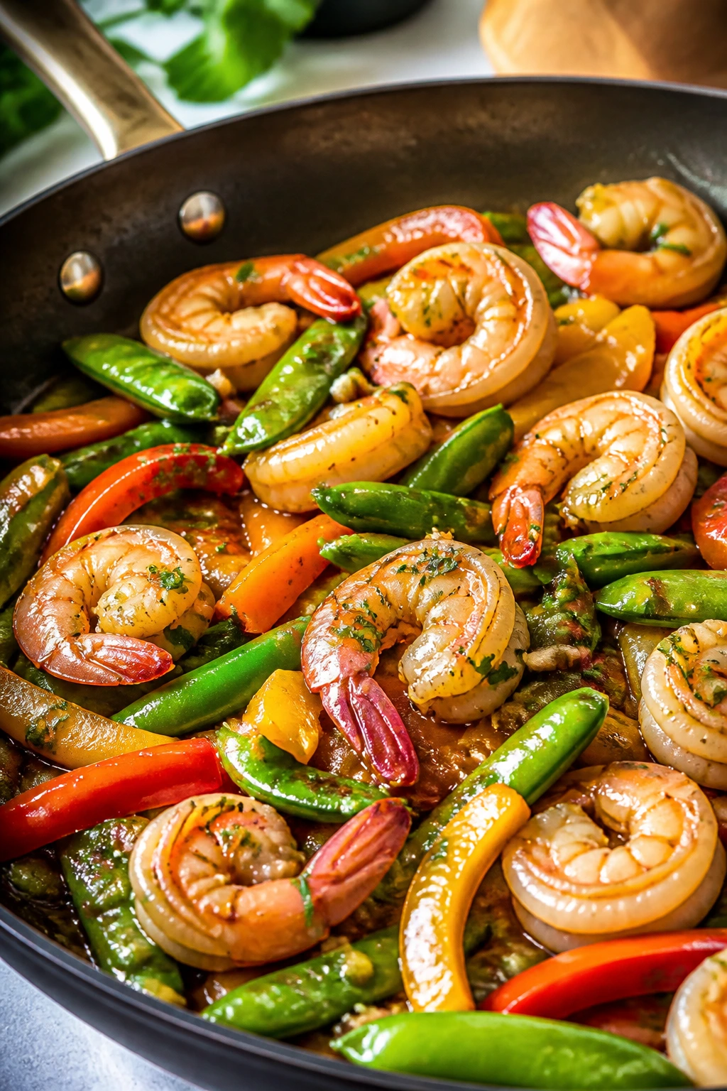 Shrimp stir-fry with snap peas and bell peppers in a hot pan