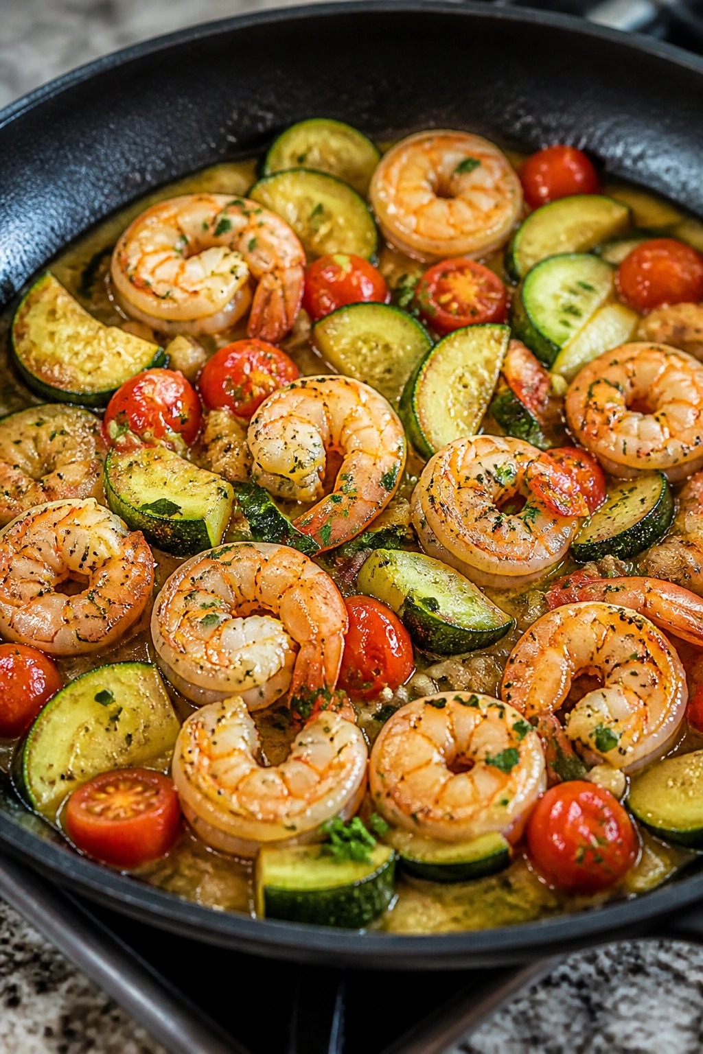 Close-up of garlic shrimp and zucchini skillet with tomatoes