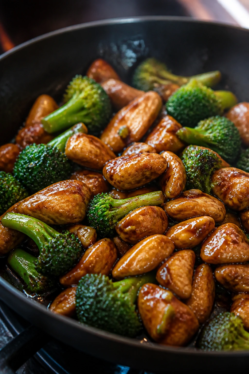 Garlic soy chicken and broccoli stir-fry in a glossy skillet