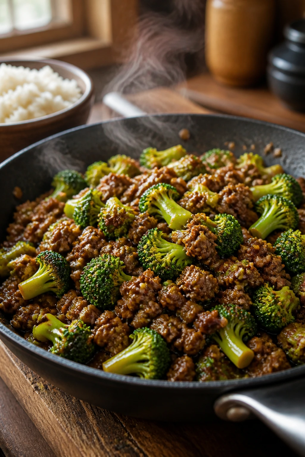 Beef broccoli skillet with garlic soy glaze