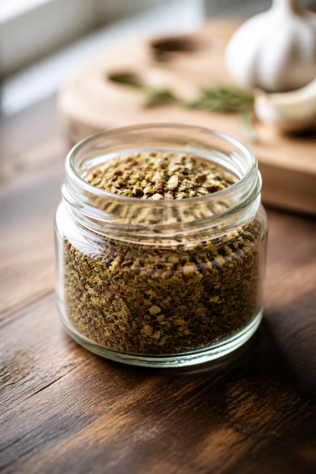Close-up of a small glass spice jar filled with garlicky Mediterranean seasoning on a warm kitchen counter