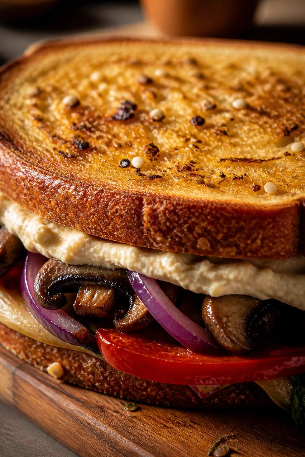 Close-up of toasted garlic-rubbed bread with hummus and seeds on a wooden board