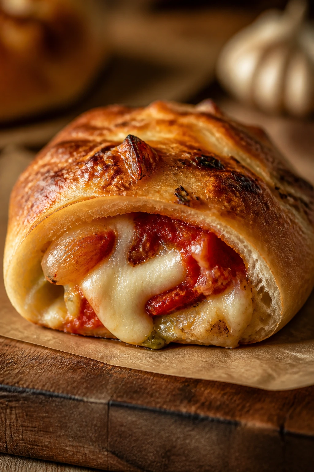 Close-up of roasted garlic tomato mozzarella roll with melted cheese