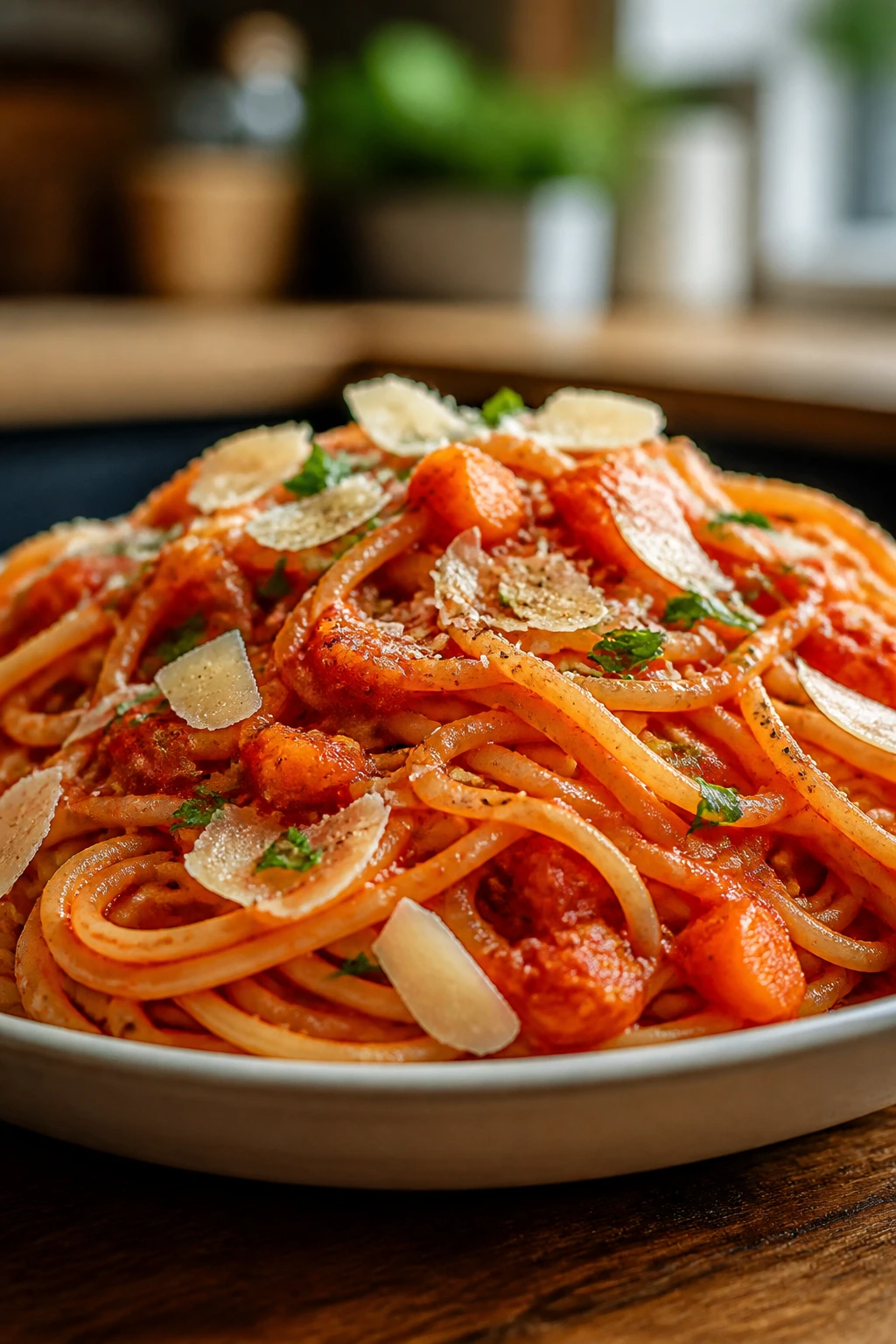 Plate of garlic tomato spaghetti with glossy sauce in warm kitchen