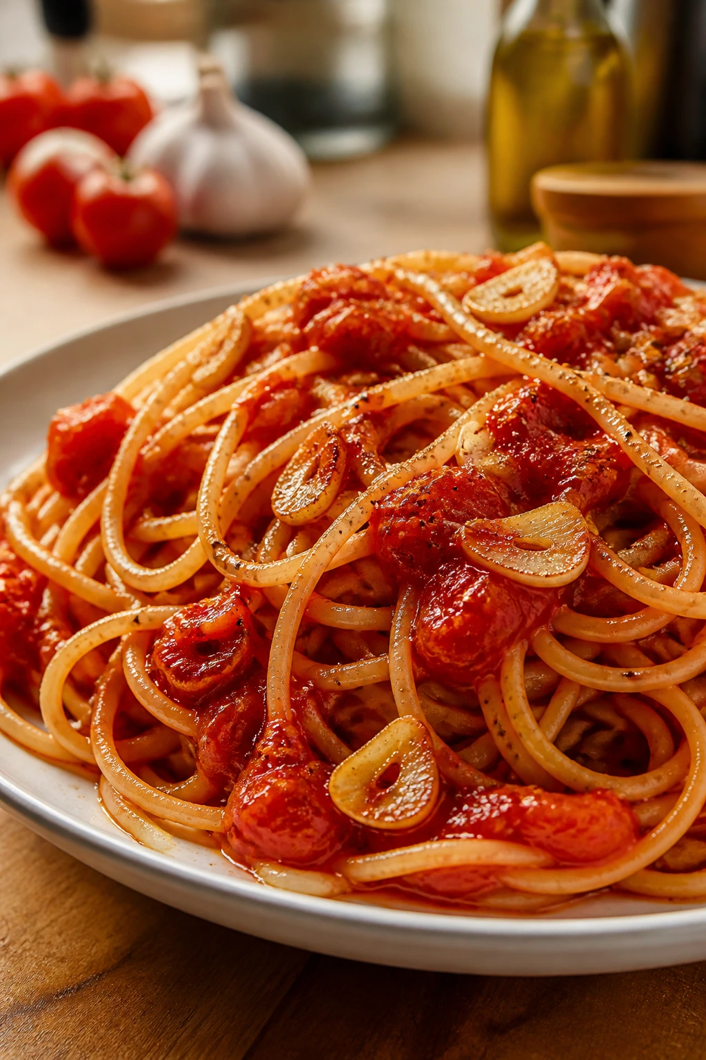 Plate of garlic tomato spaghetti with glossy sauce coating the pasta