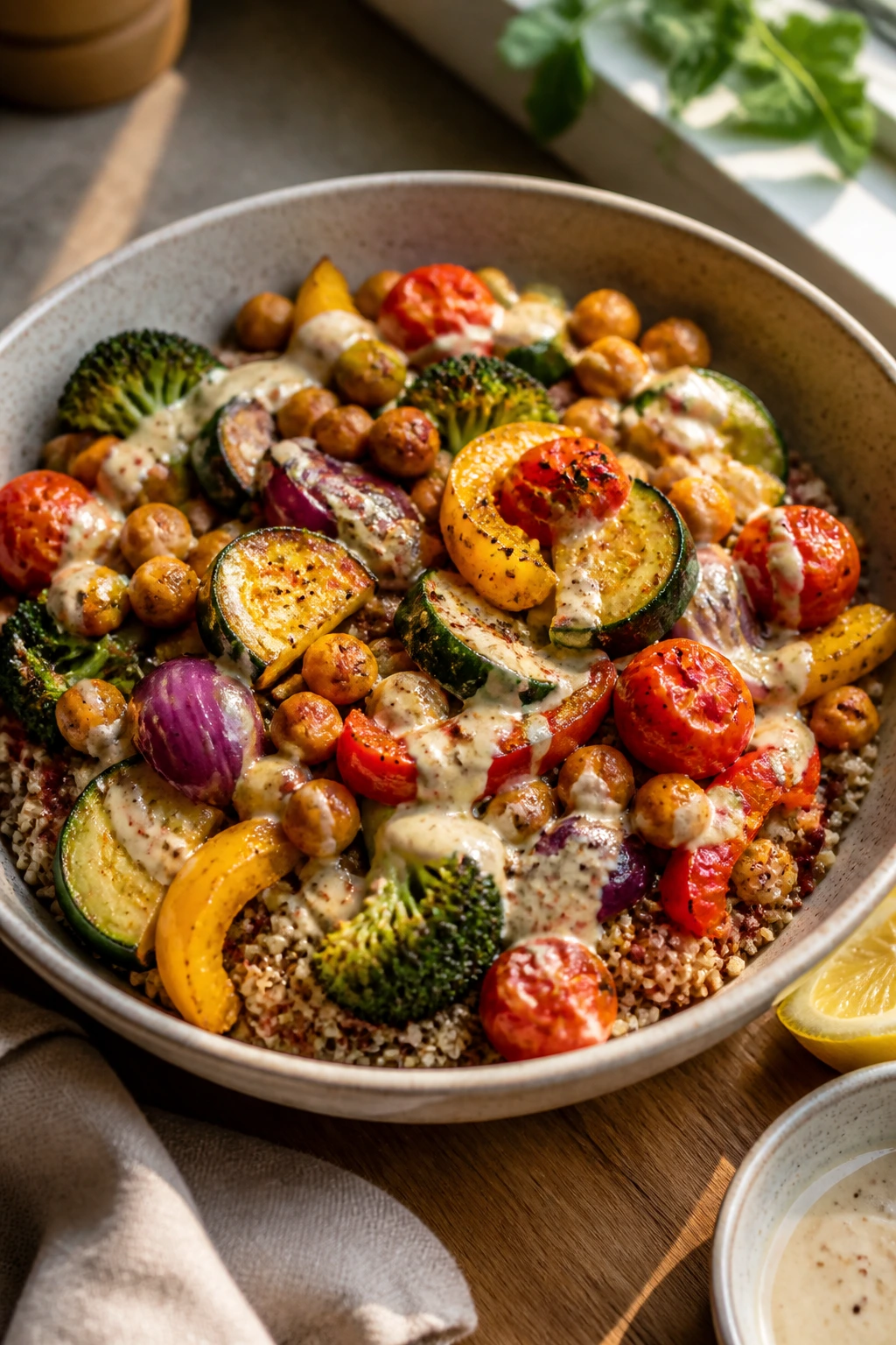 Close-up of garlicky veggie dinner bowl with roasted vegetables, chickpeas, and quinoa