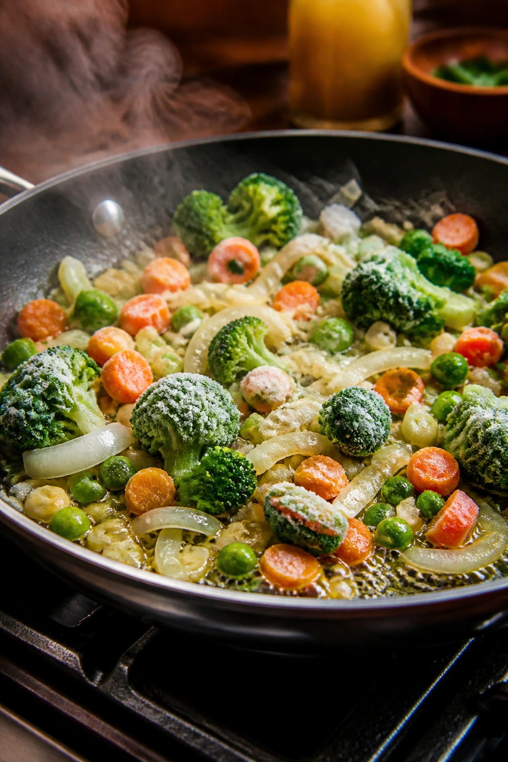 Close-up of a skillet with onions, garlic, and frozen vegetables cooking on a stove