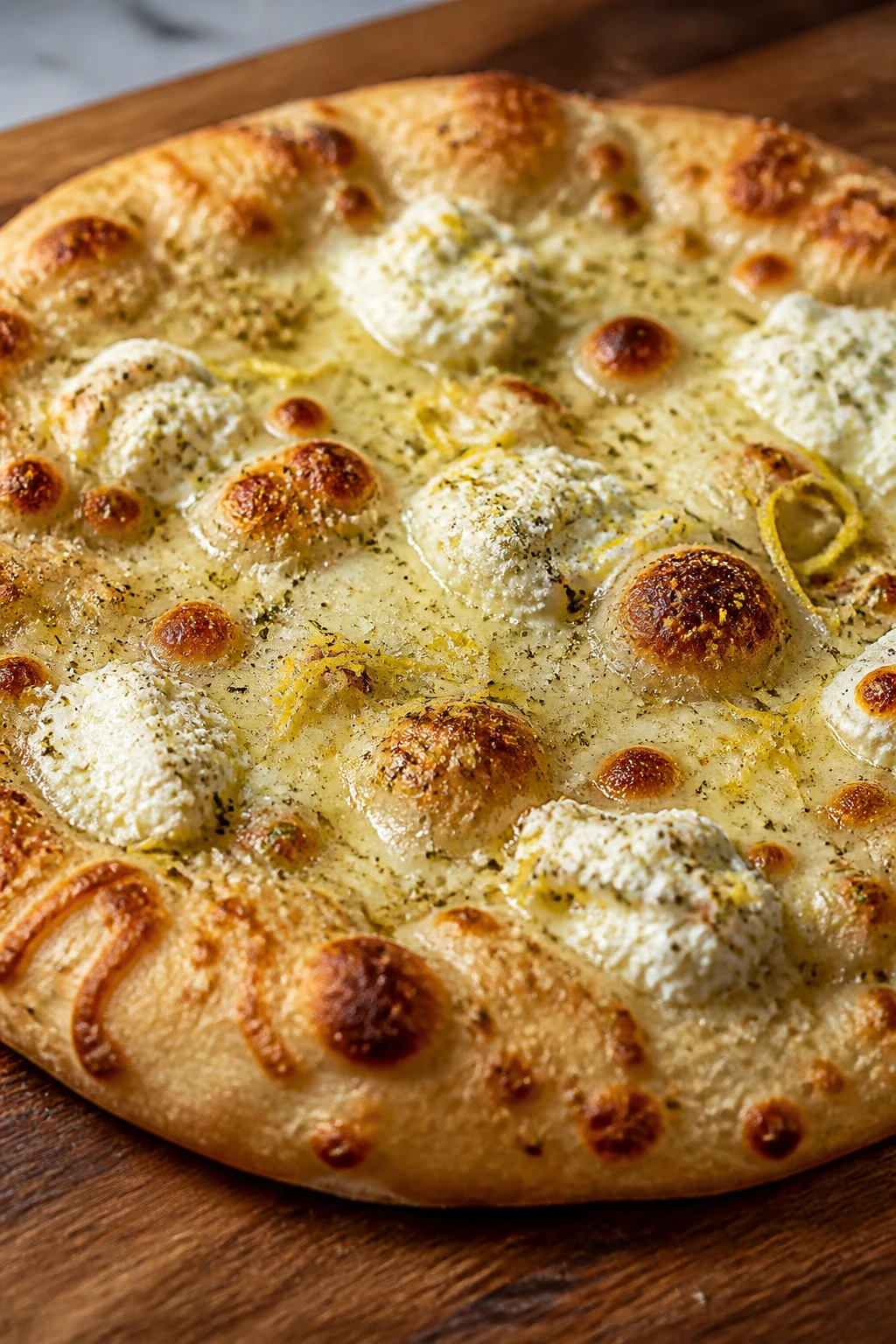 White pizza with ricotta and mozzarella on a wooden board