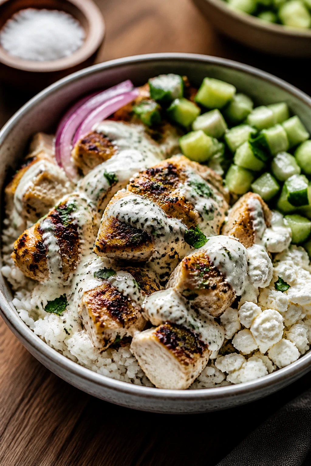 Close-up of garlic yogurt chicken bowl with rice, cucumber, and feta