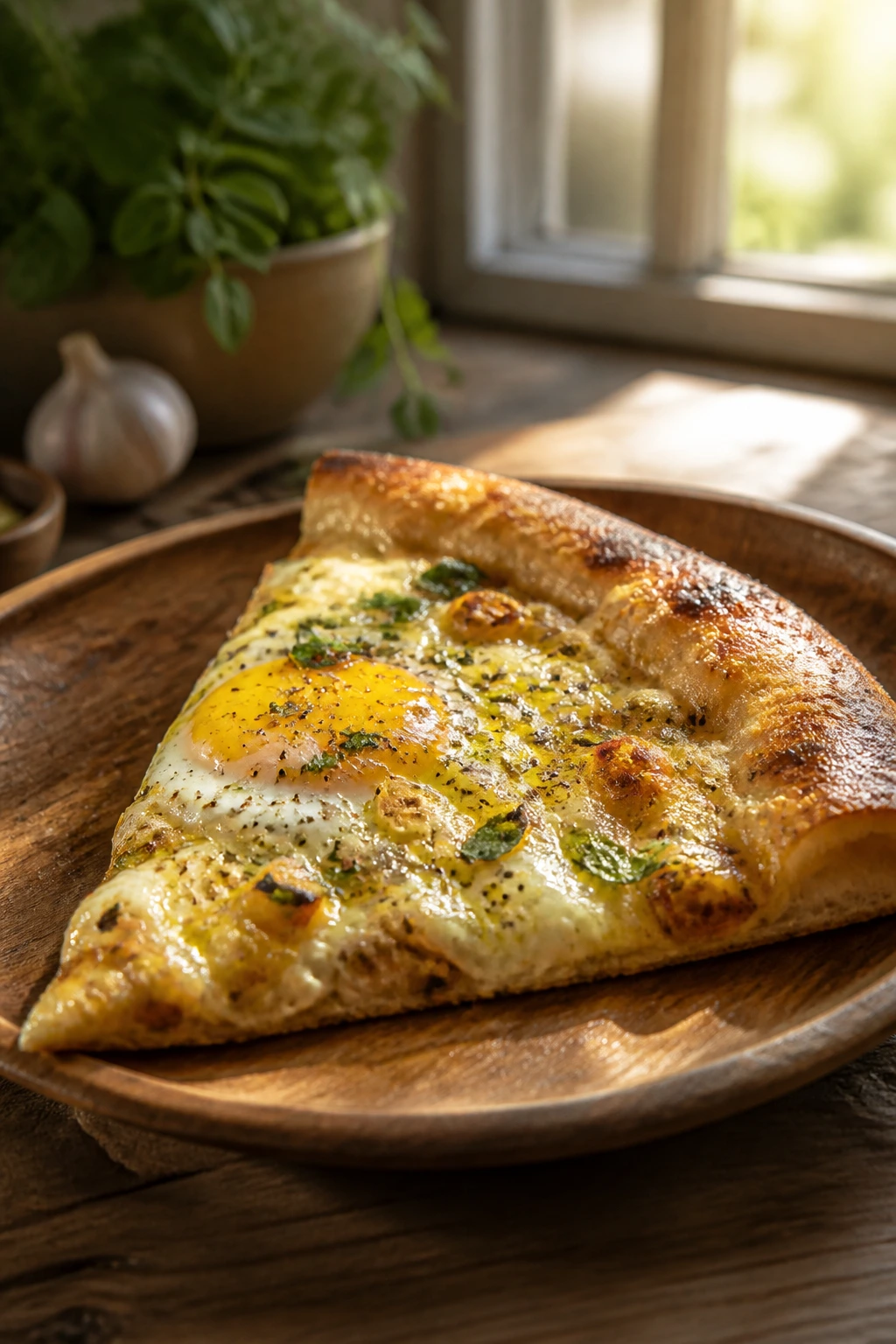 Close-up of garlicky egg pizza slice on a rustic plate in a warm kitchen