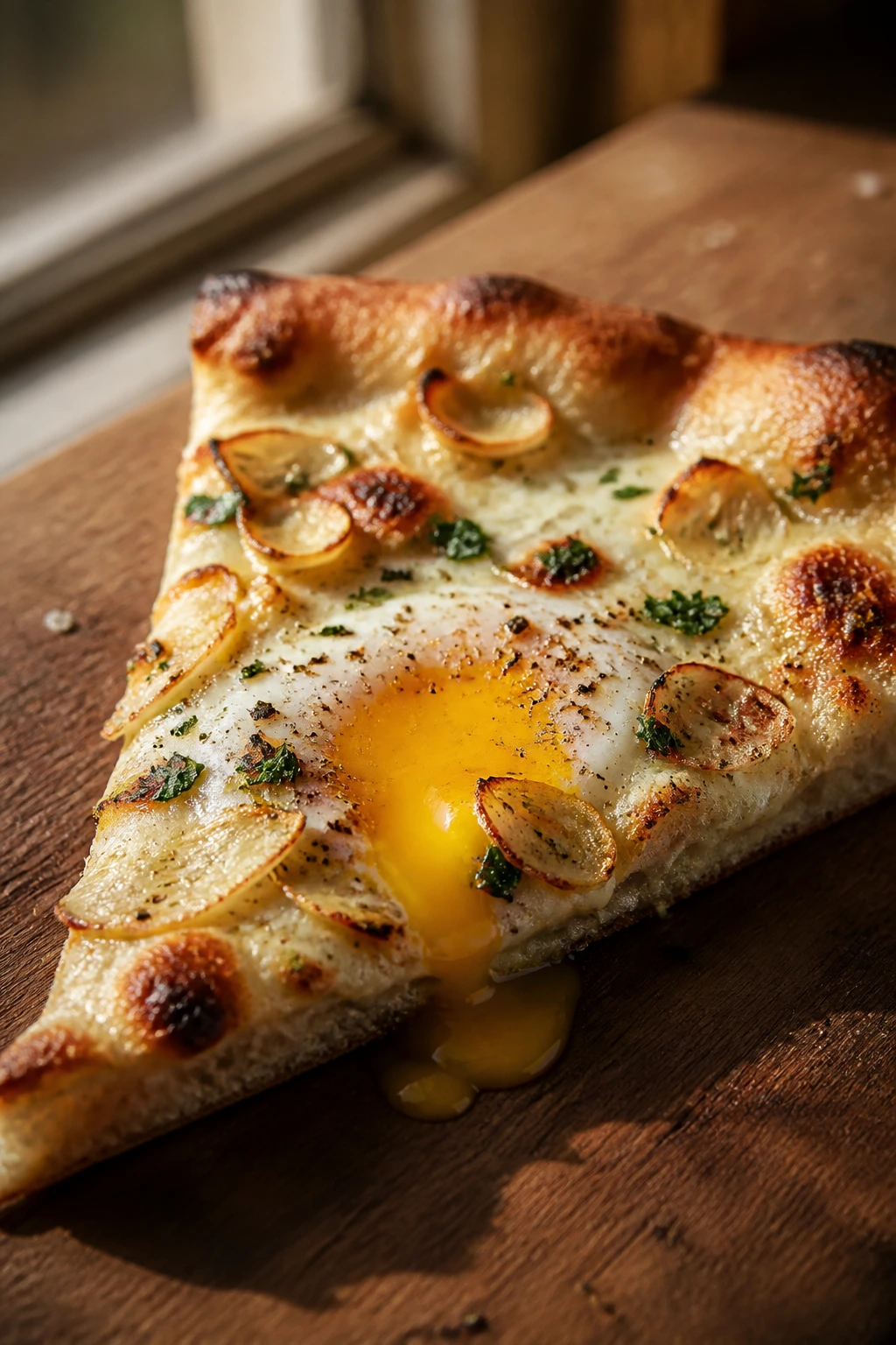 Close-up of a garlicky egg breakfast pizza slice on a wooden board